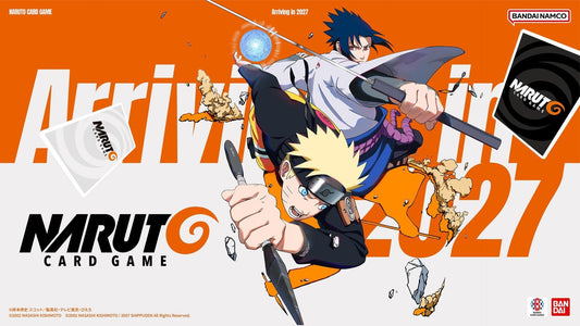 Naruto Card Game banner featuring Naruto and Sasuke, Bandai's new trading card game coming 2027
