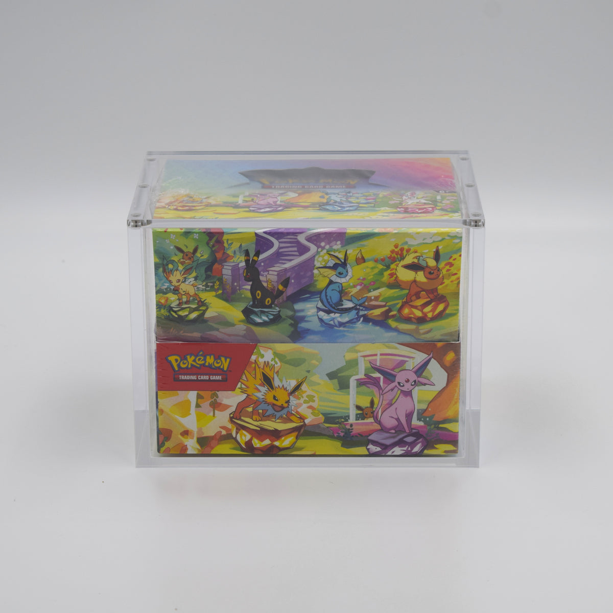 Acrylic case for a Pokémon Mini Tin 8-pack display, front view with a Prismatic Evolutions display inside