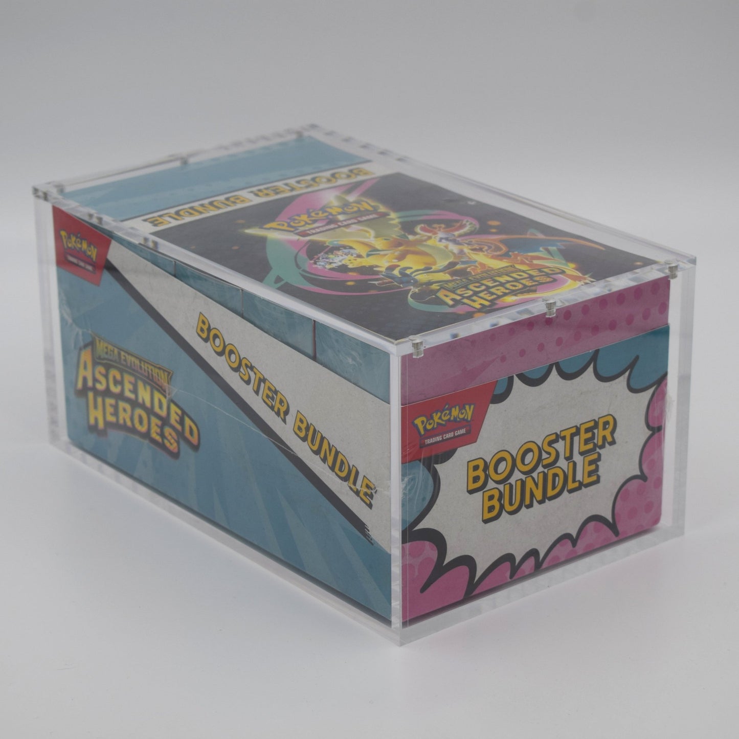 Pokemon TCG Ascended Heroes Booster Bundle Display in a clear acrylic display case
