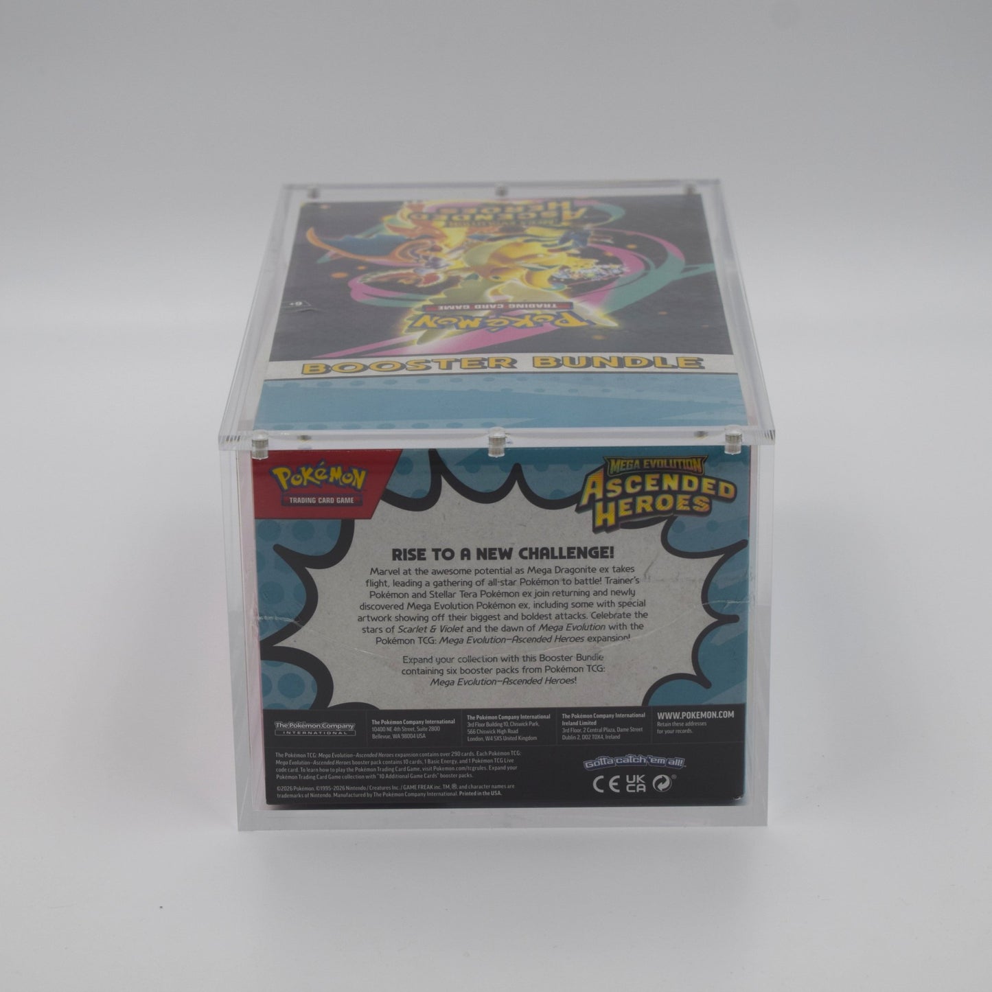 Pokemon TCG Ascended Heroes Booster Bundle Display in a clear acrylic display case