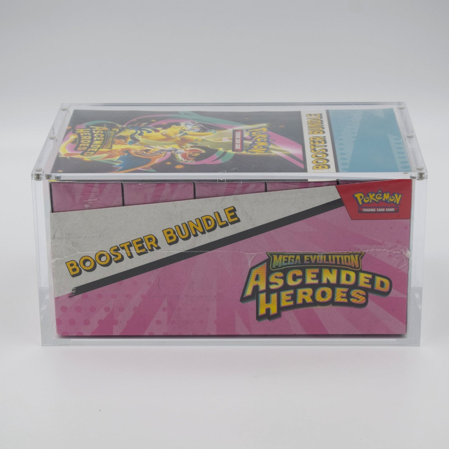 Pokemon TCG Ascended Heroes Booster Bundle Display in a clear acrylic display case