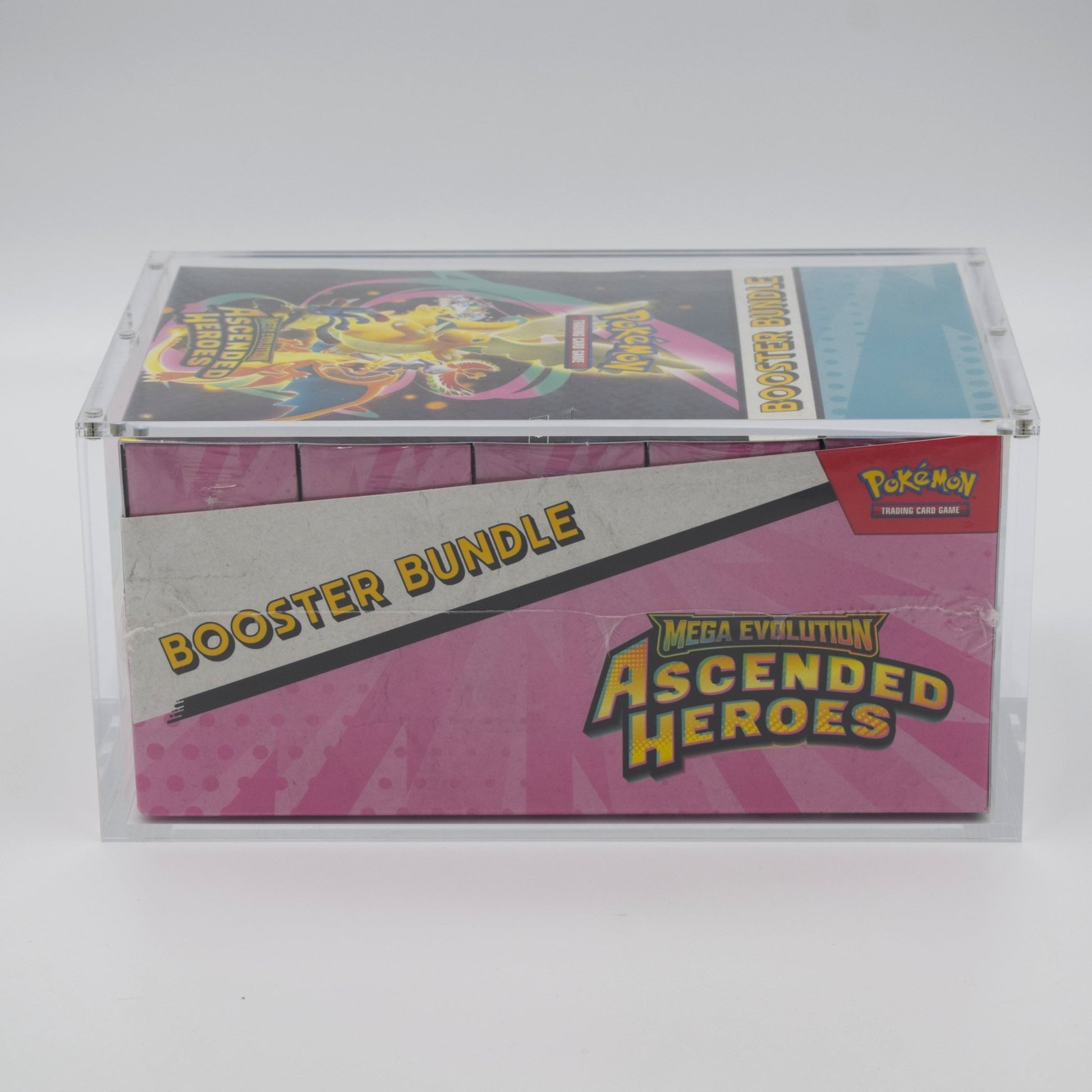 Pokemon TCG Ascended Heroes Booster Bundle Display in a clear acrylic display case