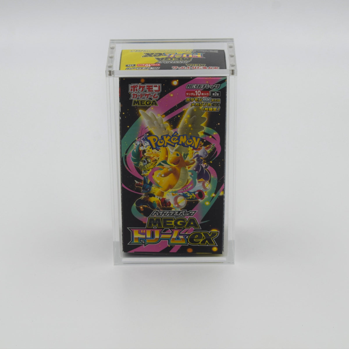 Acrylic display case fitted to a Japanese high-class Pokémon booster box with reinforced edges