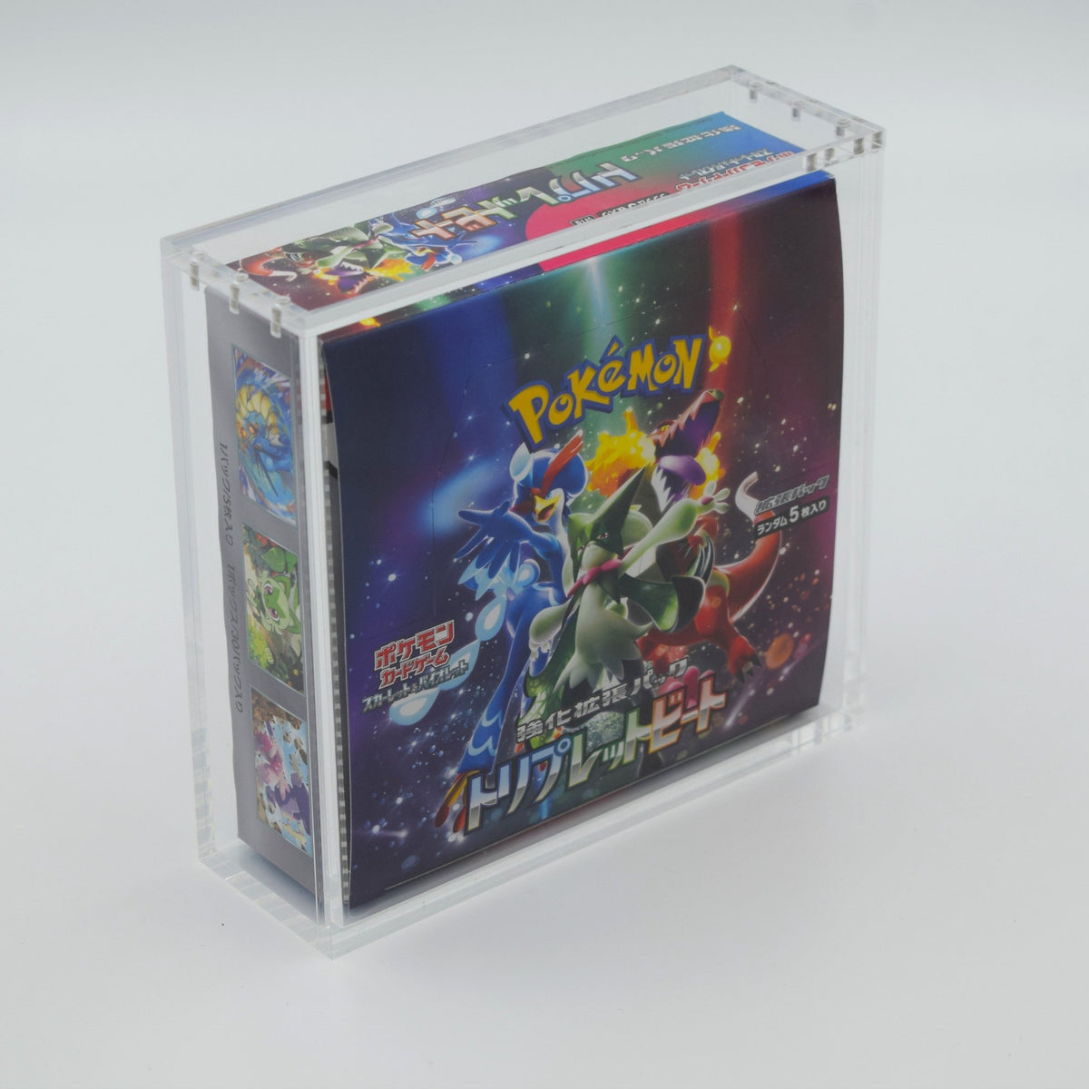 Dustproof clear acrylic case protecting a standard Japanese Pokémon booster box
