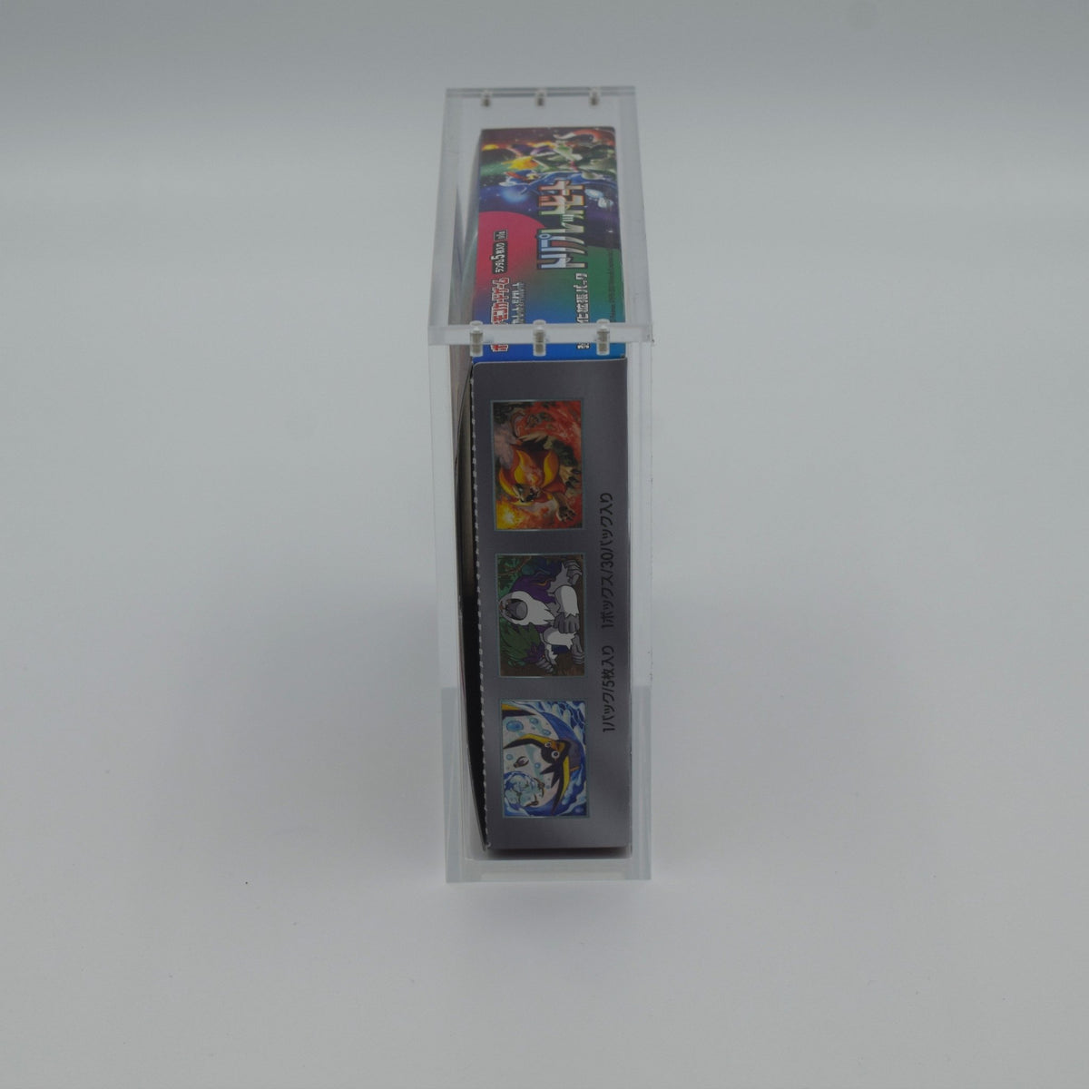Standard Japanese Pokémon booster box sealed in a Foz Collectables acrylic display case