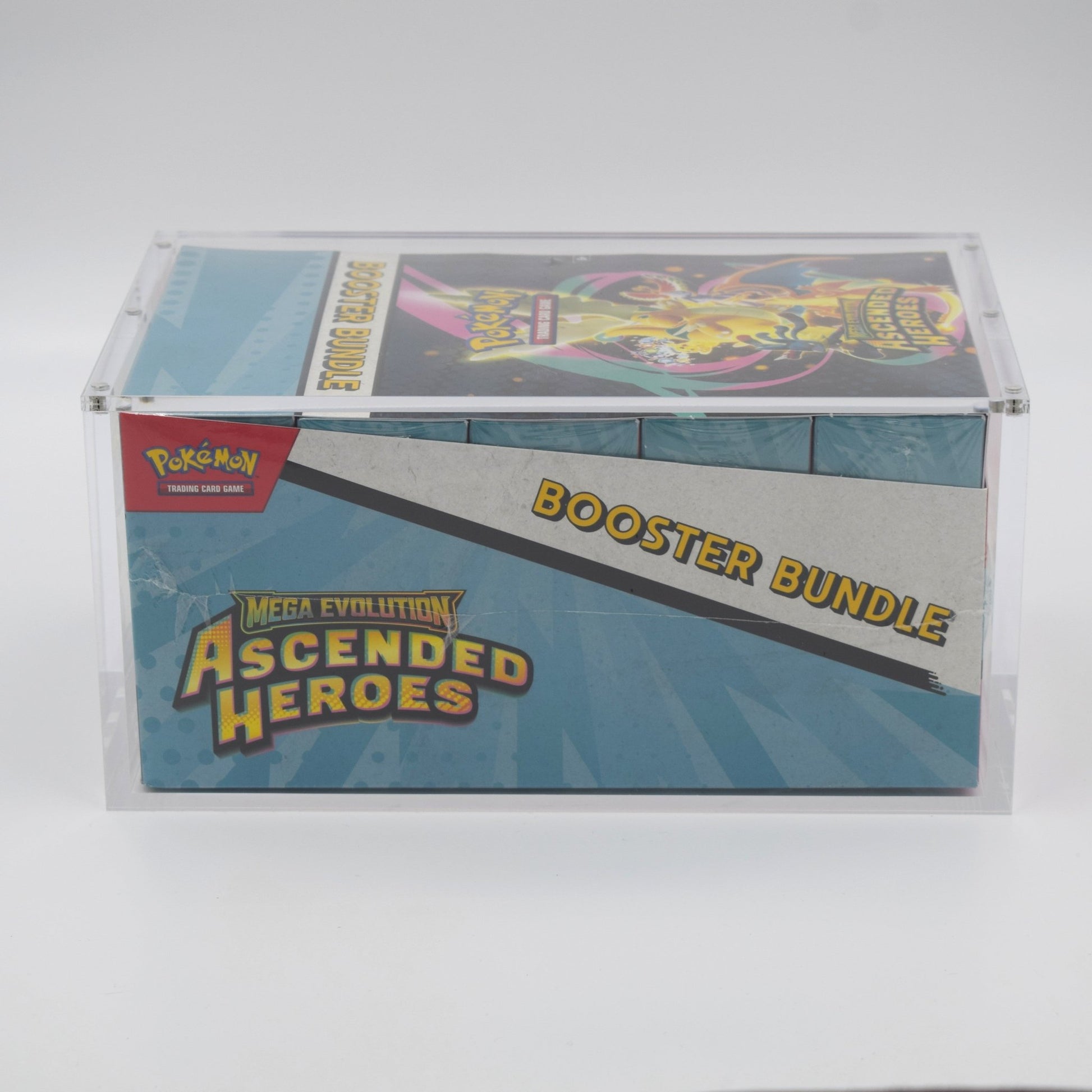 Pokemon TCG Ascended Heroes Booster Bundle Display in a clear acrylic display case