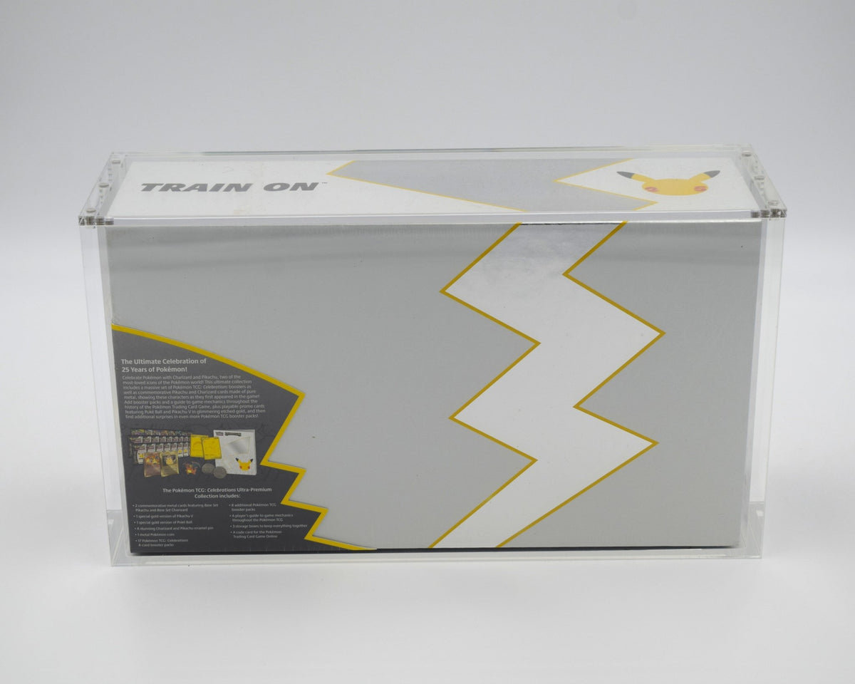 Acrylic case for a Pokémon Celebrations UPC, close-up of the magnetic lid
